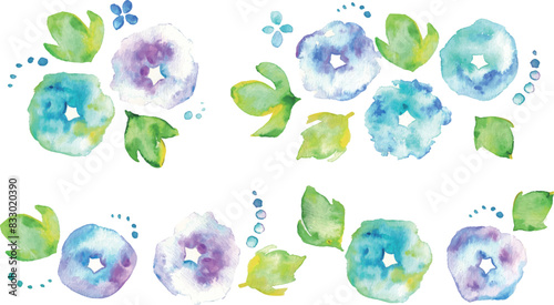 水彩画。水彩タッチの朝顔ベクターイラスト。夏の朝顔フレーム背景。和風の朝顔素材。Watercolor painting. Morning glory vector illustration with watercolor touch. Summer morning glory frame background. Japanese style morning glory material.