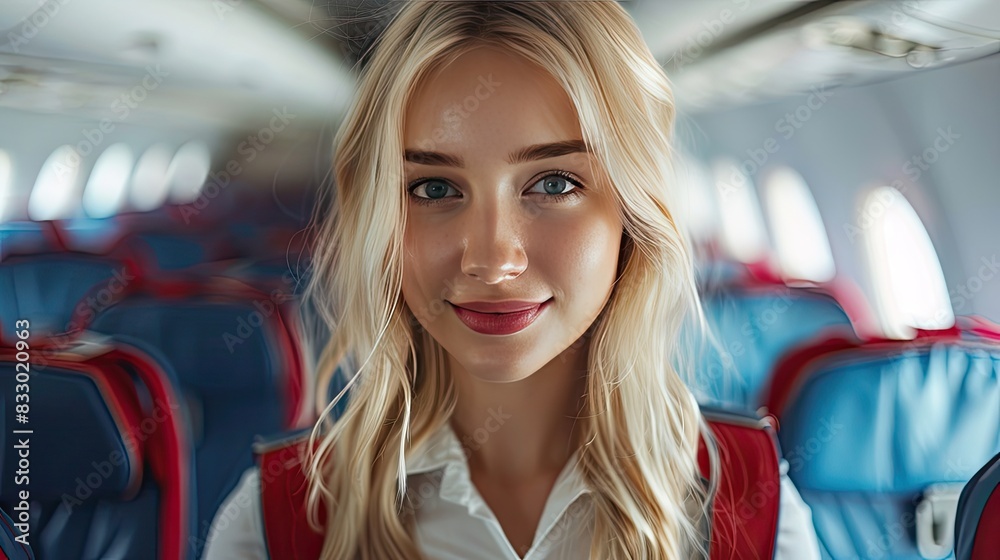 Smiling Flight Attendant in Airplane Cabin with Professional Uniform Smiling Flight Attendant in Airplane Cabin with Professional Uniform