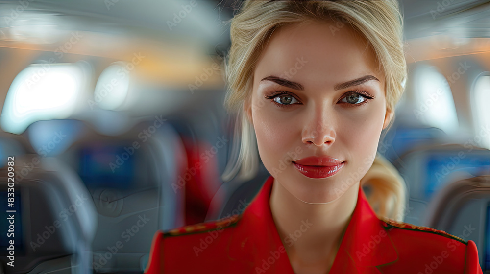 Airline Flight Attendant Smiling in Airplane Cabin - Professional Crew Member in Uniform Airline Flight Attendant Smiling in Airplane Cabin - Professional Crew Member in Uniform
