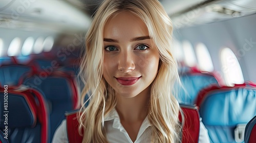 Smiling Flight Attendant in Airplane Cabin with Professional Uniform © kvladimirv