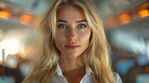 Close-up of Blonde Woman on an Airplane with Warm Lighting and Bokeh Background