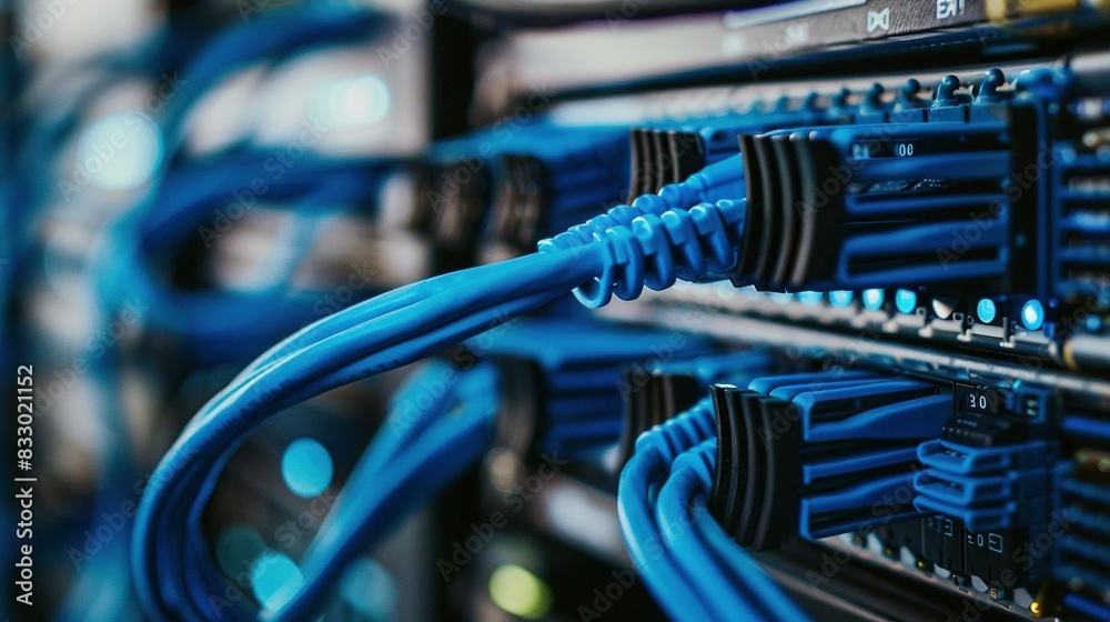 Close-Up: Network Switch and Connected Blue Cable Close-Up: Network Switch and Connected Blue Cable