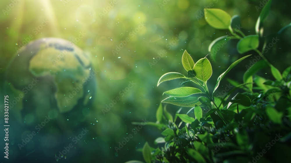 Green planet earth and plants with copy space on nature background, nature conservation and environment day concept. Green planet earth and plants with copy space on nature background, nature conservation and environment day concept.