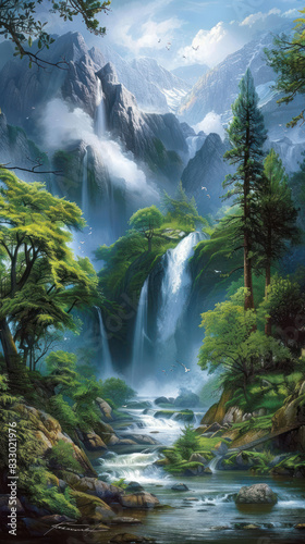 A breathtaking fantasy mountain scene with a cascading waterfall  river  and lush greenery. Generate Ai