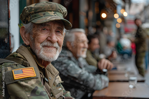 Retired military veteran celebrates Independence Day with friends in a street cafe on a sunny day.