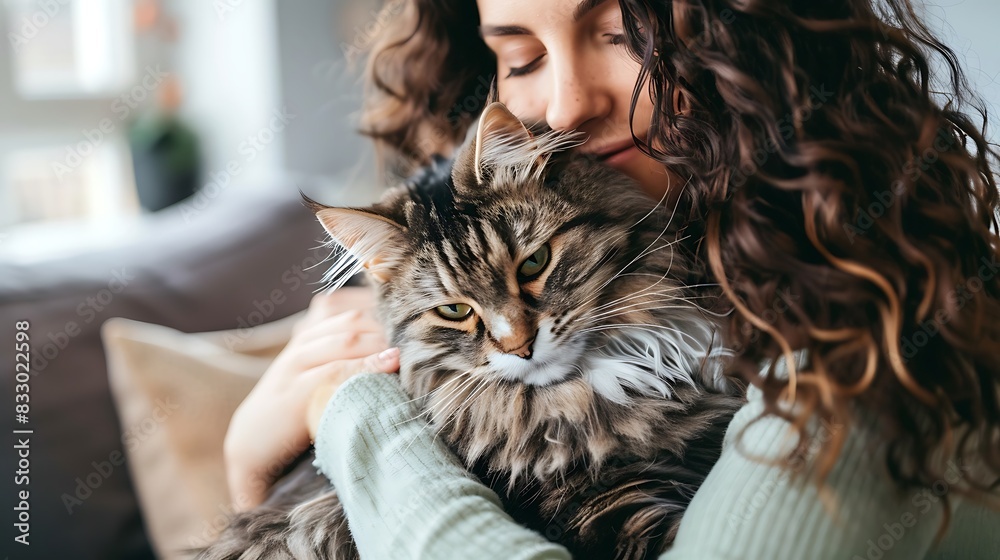 Show a person hugging their cat in a stylish and modern living room, with sleek furniture and contemporary decor providing a sophisticated backdrop Hug Your Cat Day Show a person hugging their cat in a stylish and modern living room, with sleek furniture and contemporary decor providing a sophisticated backdrop Hug Your Cat Day