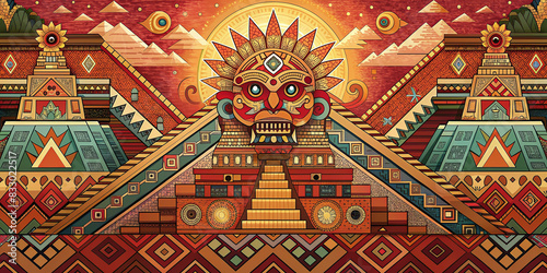 Aztec temple background with vibrant colors, detailed geometric patterns, and tribal symbols, ideal for cultural projects, design elements, and educational materials