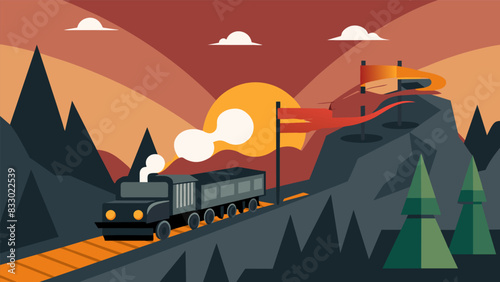 The rhythmic clanging of metal against metal echoes through the valley as a coal train rumbles along the tracks.. Vector illustration
