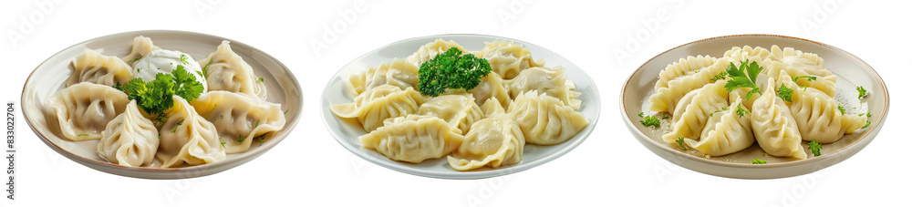 Three plates with dumplings in isolated on transparent background Three plates with dumplings in isolated on transparent background