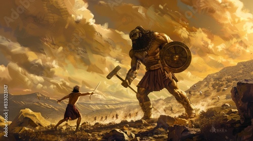 David fighting Goliath on the battlefield