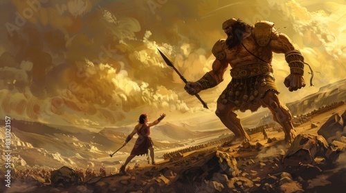 David facing Goliath on the battlefield in high resolution and high quality. biblical concept, religion, history, strength, leader, old testament, battle, war, spirituality, dominion