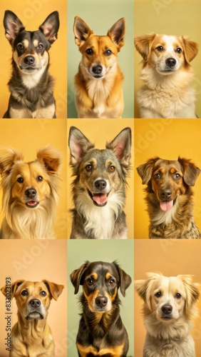 Cute dogs of various breeds in portrait format, arranged on colorful squares for pet photography, showcasing different emotions and sizes.