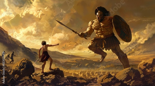David and Goliath facing off on a desert battlefield