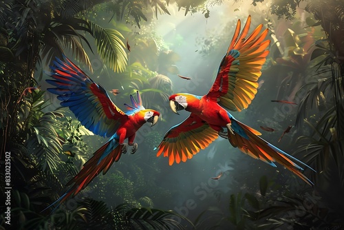 A pair of Scarlet macaws flying in vibrant formation through a lush rainforest canopy. Render the colorful plumage and the dense foliage with a sense of depth.