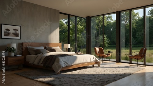 An example of a contemporary bedroom featuring large French windows  produced using generative AI technology.