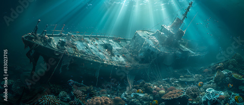 The remains of an old shipwreck lie on the ocean floor. It was lit by beams of sunlight that filtered through the water, wreckage and surfaces of corroded metal. photo