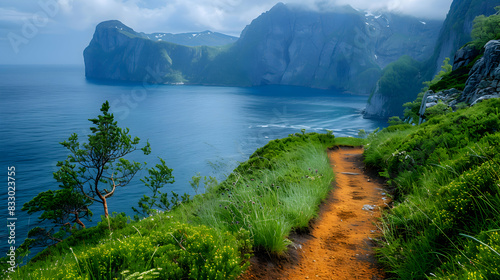 A vibrant nature fjord landscape with a hiking trail along the cliffs, the scene captured with a tilt-shift lens