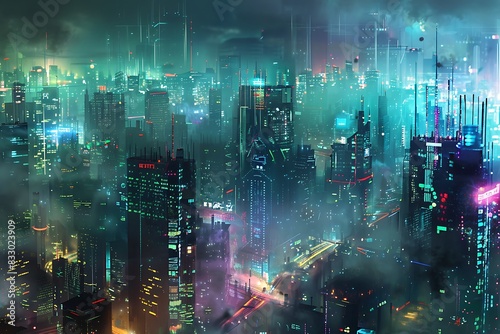 A panoramic view of a cyberpunk cityscape at night  with towering neon skyscrapers reaching towards a hazy  polluted sky.