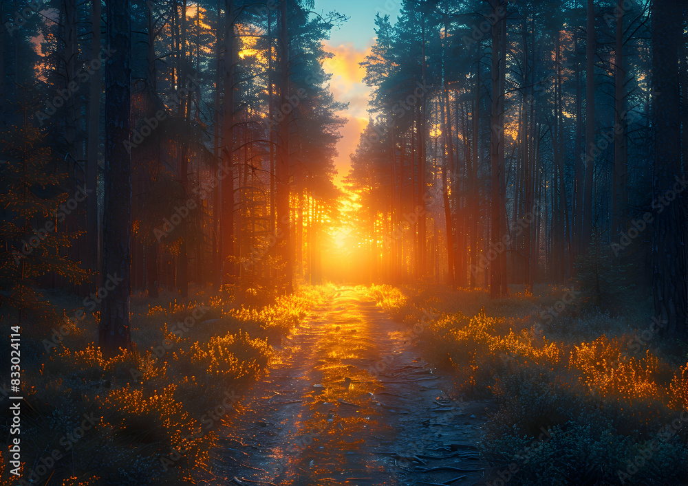 A vibrant nature forest at dusk, the last light of the day creating long shadows and a serene atmosphere A vibrant nature forest at dusk, the last light of the day creating long shadows and a serene atmosphere
