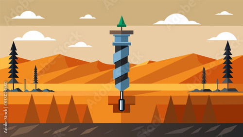 Massive drill bits rotating at high speeds carving through layers of soil and rock to reach the shale gas reservoir below.. Vector illustration