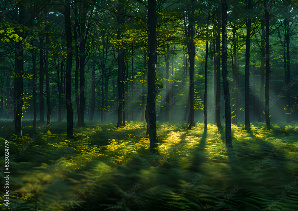 A vibrant nature forest at dusk, the last light of the day creating long shadows and a serene atmosphere A vibrant nature forest at dusk, the last light of the day creating long shadows and a serene atmosphere