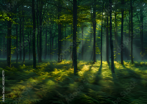 A vibrant nature forest at dusk  the last light of the day creating long shadows and a serene atmosphere
