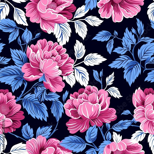 seamless pattern, bold pink flowers with blue and white leaves on black background