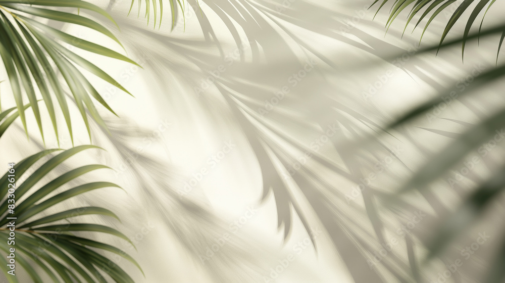 Fototapeta premium Blurred shadow from palm leaves on light cream wall. Minimalistic beautiful summer spring background for product presentation 2