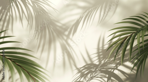 Blurred shadow from palm leaves on light cream wall. Minimalistic beautiful summer spring background for product presentation 2