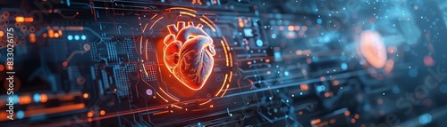 Futuristic digital illustration of a glowing heart integrated with a circuit board, symbolizing the convergence of technology and healthcare. photo