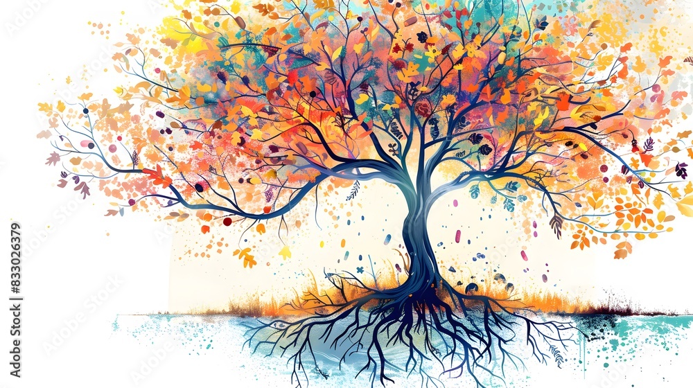 Naklejka premium tree with colorful watercolor leaf