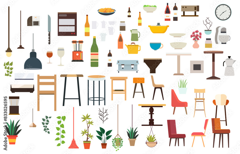 Elements of Furniture and Utensils in Cafe Restaurant Elements of Furniture and Utensils in Cafe Restaurant