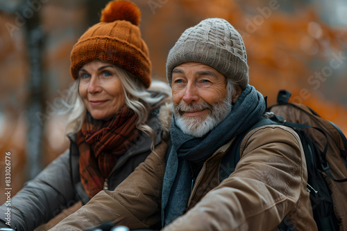 A senior couple biking through serene nature trails, enjoying outdoor activities and the beauty of slow-paced living. Travel and wellness, this journey highlights active lifestyles and healthy living. © Korakrich