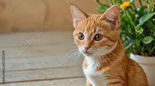 Cute Ginger Kitten with White Chest Looking Up