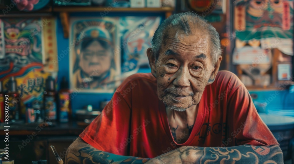 Naklejka premium Portrait of a old man tattoo artist at studio tattoo