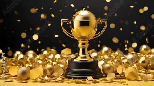 Golden Trophy Surrounded by Confetti and Streamers isolated on yellow