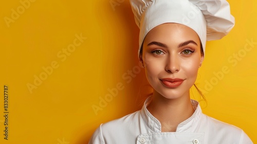 beautiful woman wearing chef clothes on yellow background in high resolution