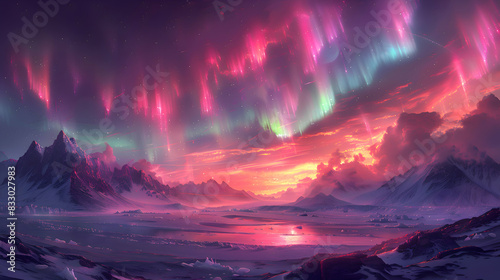 A vibrant nature glacier landscape with the aurora borealis lighting up the sky above photo