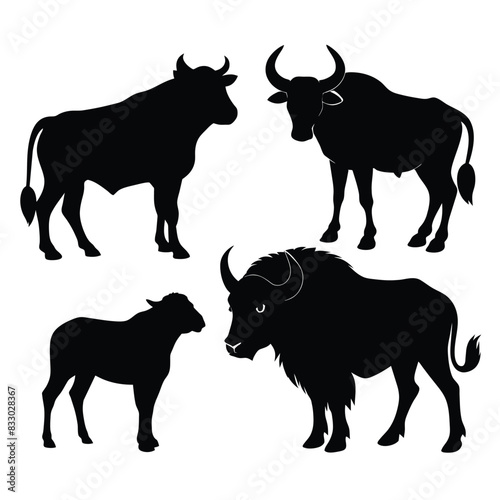 Set of Buffalo animal black silhouettes vector on white background