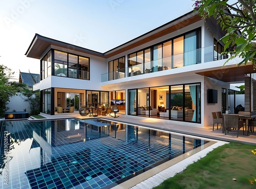 Beautiful modern house with a swimming pool in the middle of a tropical garden