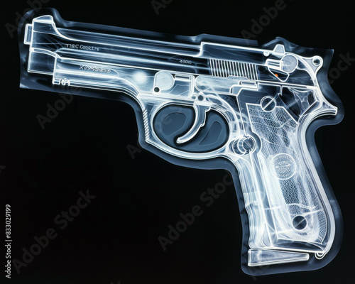 A hidden gun on an X-ray film, surrounded by darkness, super realistic photo