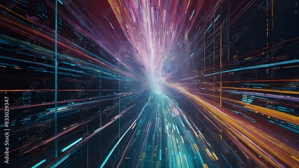 Surreal Panorama of Cascading Data Streams Flowing in a Dynamic Background, Flowing Cascades of Data: A Surreal Panoramic Background, Immersive Surreal Panorama with Flowing Data Streams in a Cascadin