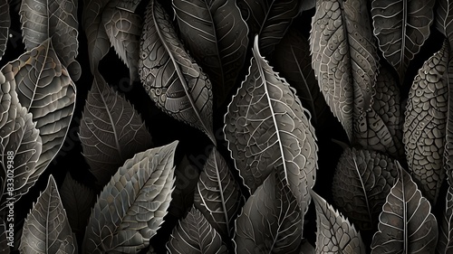 Seamless pattern of leaf texture in black and white Generative AI 