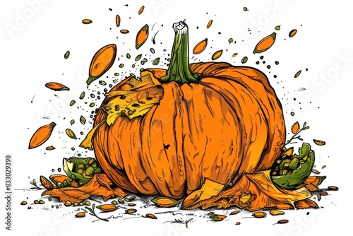 Cartoon cute doodles of a smashed pumpkin with seeds and pieces everywhere, Generative AI photo