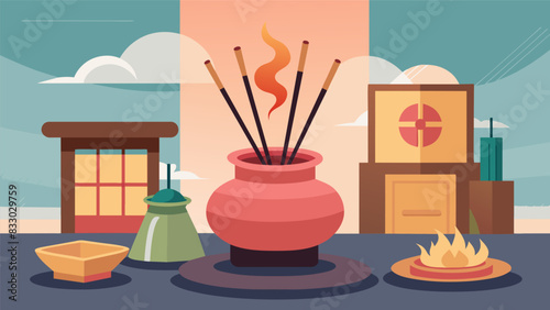 The traditional Japanese incense crafted with rare and exotic ingredients fills the room with a calming and soothing scent.. Vector illustration