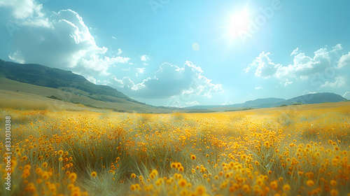 A vibrant nature grassland landscape with rolling hills and a clear blue sky, the grasses creating a golden sea