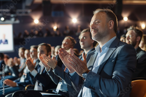 businessman hand clap in theater while watch the show or conference, business and meeting concept