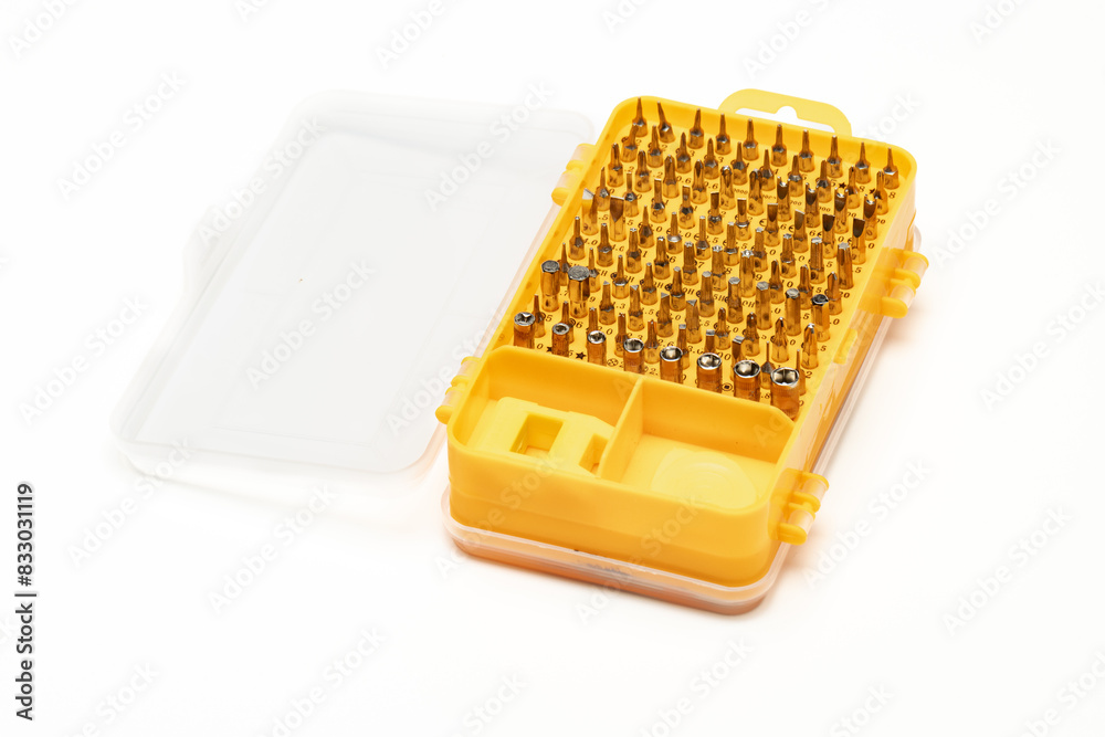 Naklejka premium 98 pieces screwdriver bits. Parts of precision tool kit. Isolated in white background.