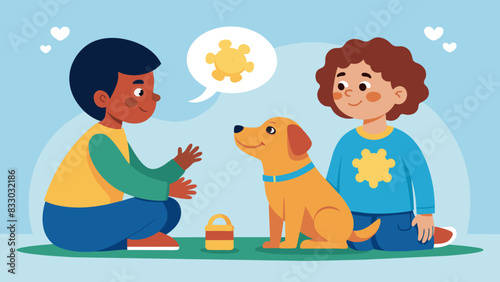 An autistic child comes out of their shell and communicates with others while interacting with a therapy dog in a safe and nonthreatening environment.. Vector illustration
