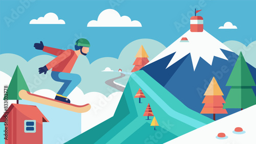 A snowboarding simulation that lets riders work on their tricks and techniques on different courses with the added challenge of weather and slope. Vector illustration
